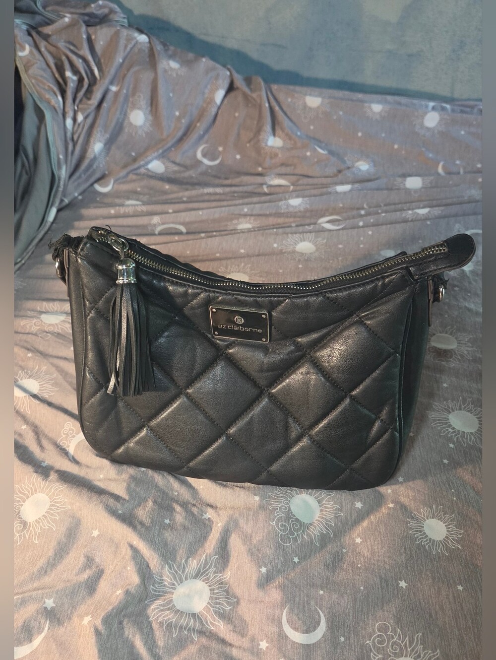 Liz Claiborne Black Quilted Fake Leather Shoulder Bag with Tassel Accent